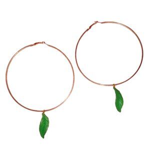 Big Rose Gold Katta Leaf Charm Hoops Oversized Huge Hoop Earrings Green Leaves